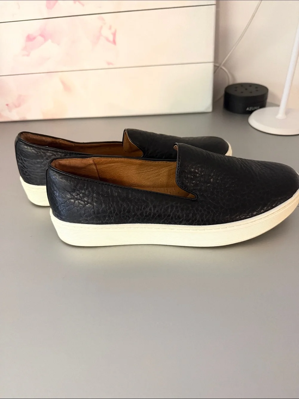 Sofft Black Textured Leather Slip-On Sneakers with White Sole Size 9
